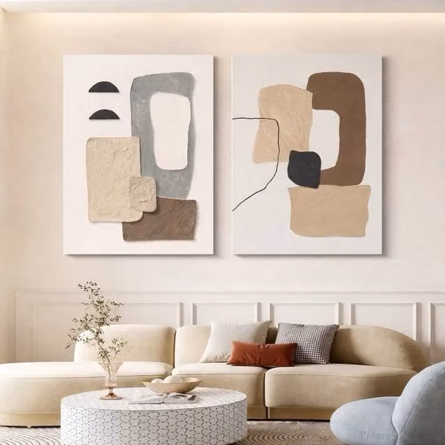 Mafett Contemporary Abstract Canvas Wall Art Set of 2 in Beige, Grey and Brown, W: 60.96 cm, H: 81.28 cm