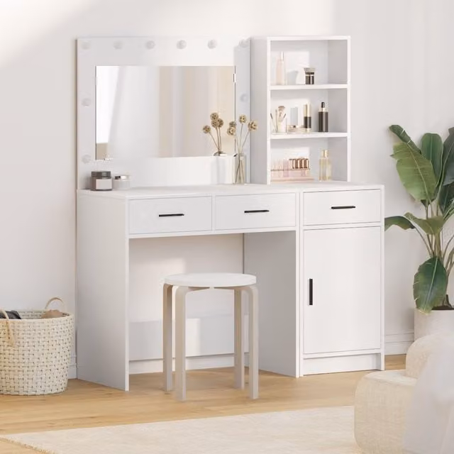 Berkfield Home 2 Piece Modern White LED Dressing Table Set in Engineered Wood