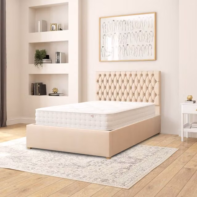 Aspire Monroe Upholstered Ottoman Storage Bed in Beige Kimiyo Linen Fabric, W/D/H: 120 x 200 cm