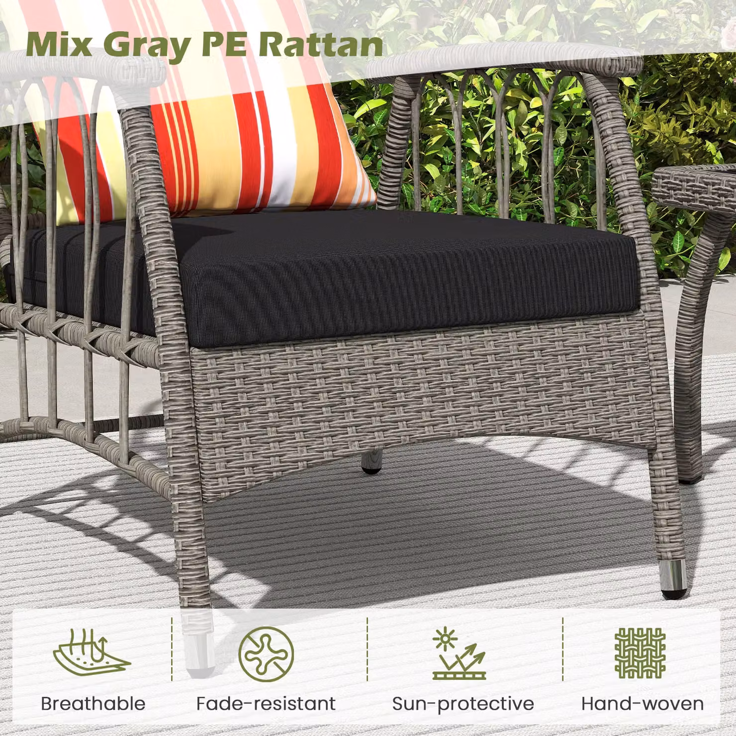 Costway 3 Piece Grey PE Wicker Patio Furniture Set with Coffee Table and Armchairs – 3