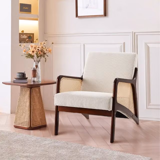 Livingandhome Mid-Century Corduroy Armchair with Rubberwood and Rattan Armrests in Beige