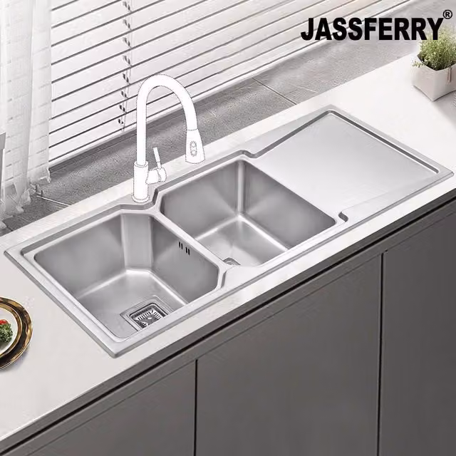 JASSFERRY Stainless Steel Double Bowl Kitchen Sink with Right Drainer in Silver – 1