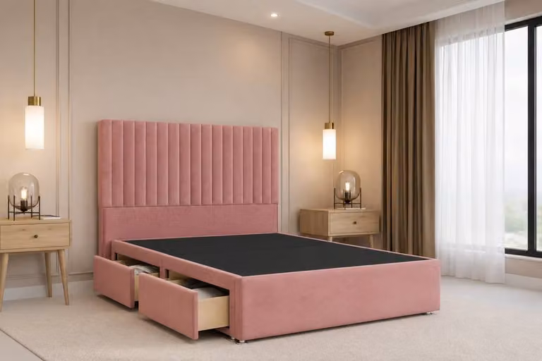 Chester & Oakley Lorenzo Plush Velvet Divan Bed Base with 2 Drawers and 54 inch Headboard, Pink, W/D/H: 140 x 200 cm