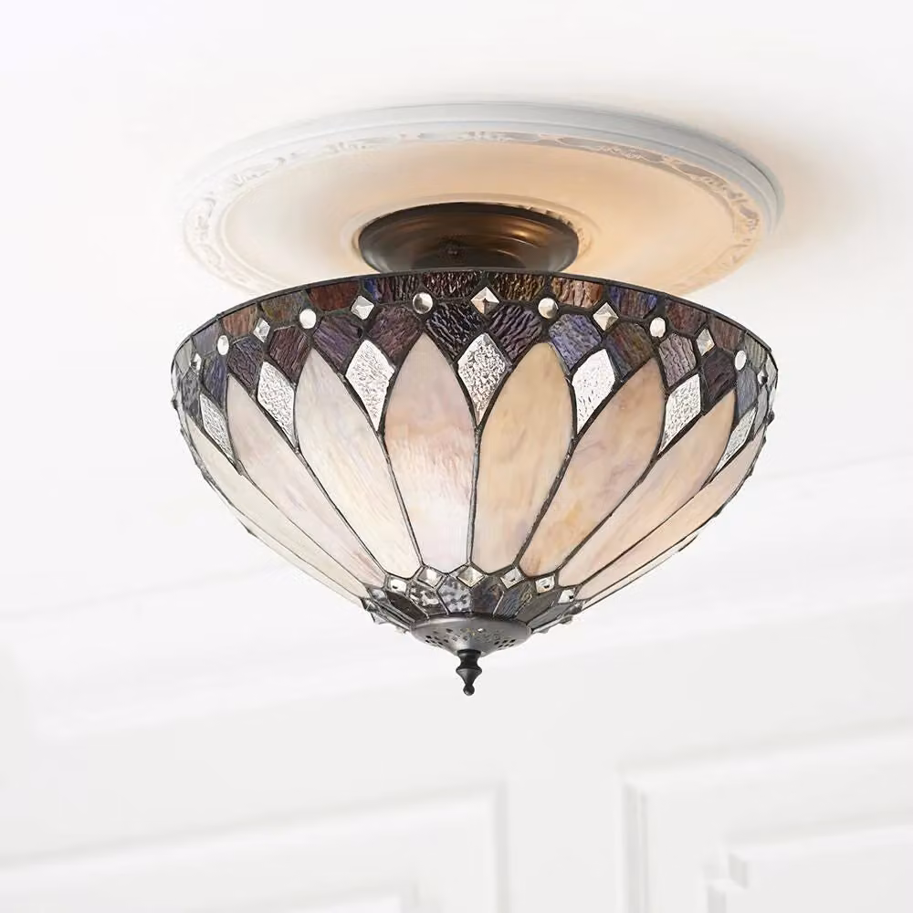 Loops Tiffany Glass Semi Flush Ceiling Light in Bronze and Clear – 3