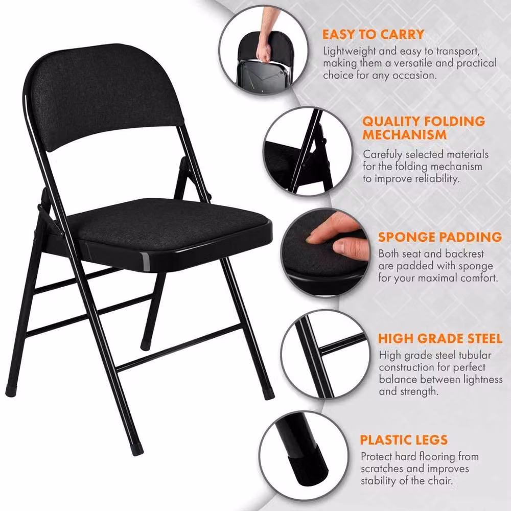 Kelvenix Black Folding Chairs with Padded Fabric Seats and Metal Frame, Height: 100 cm – 3