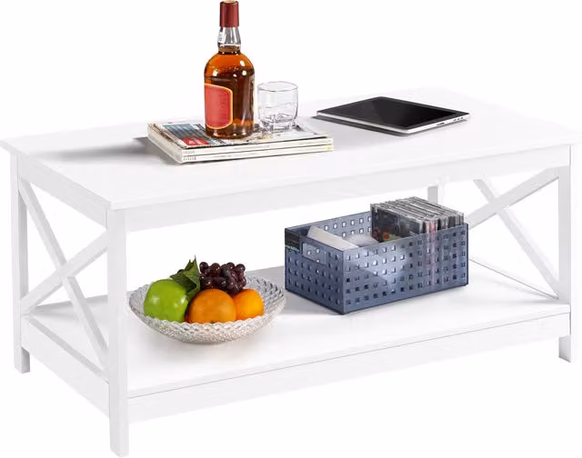 Yaheetech Modern Rectangular White Coffee Table with Storage Shelf and Pine Wood Legs
