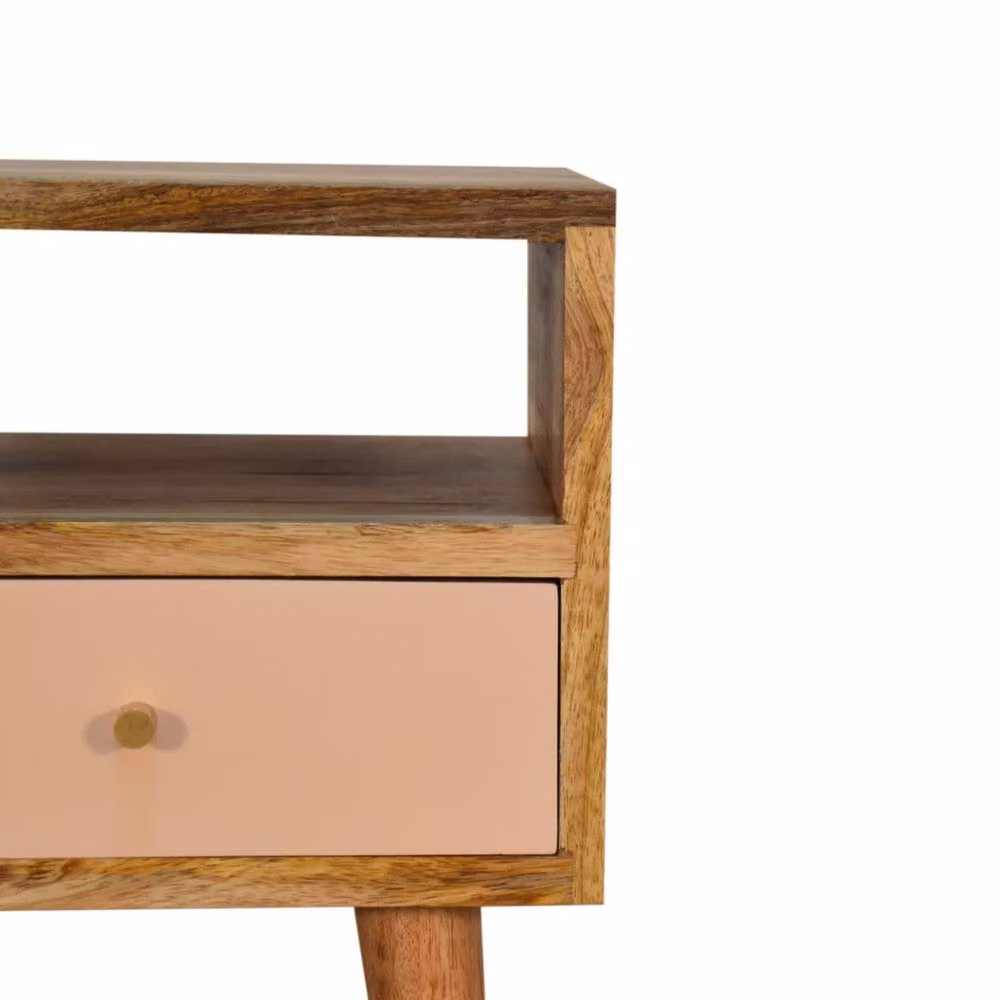 Wyld Haus Sainte Marie Mini Blush Bedside Table in Brown and Pink, Hand Painted Mango Wood with Drawer and Open Shelf – 4