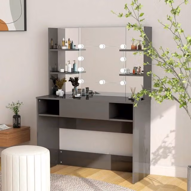 Berkfield Home Modern Makeup Table with Hollywood LED Lights in Glossy Grey, W/D/H: 100 x 40 x 135 cm