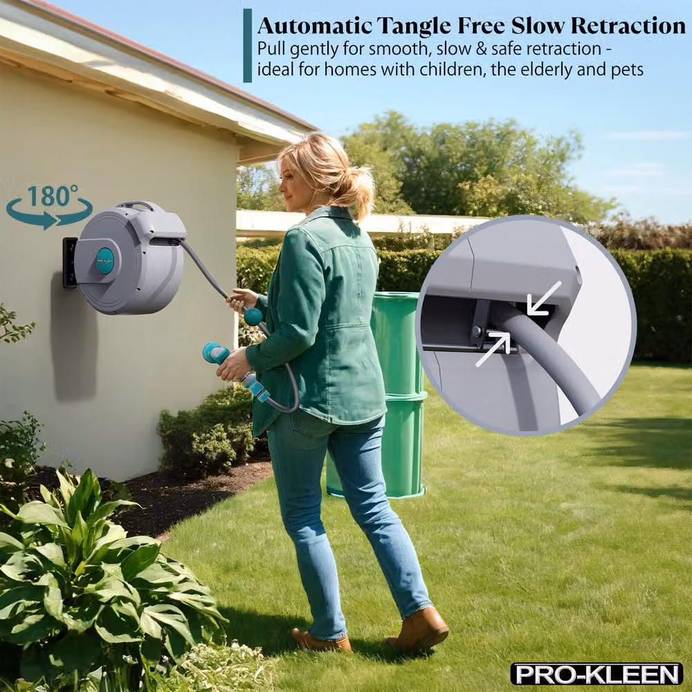 ProKleen Retractable Wall Mounted Garden Hose Reel with 10 Function Spray Gun, 30m, Grey – 4