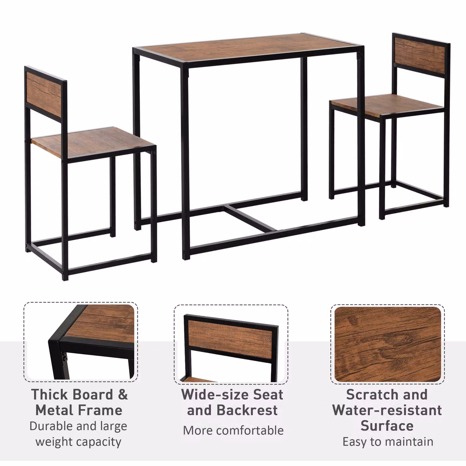 HOMCOM 3 Piece Dining Table and Chairs Set with Industrial Design, Steel Frame and MDF Panels in Rustic Brown and Black – 4