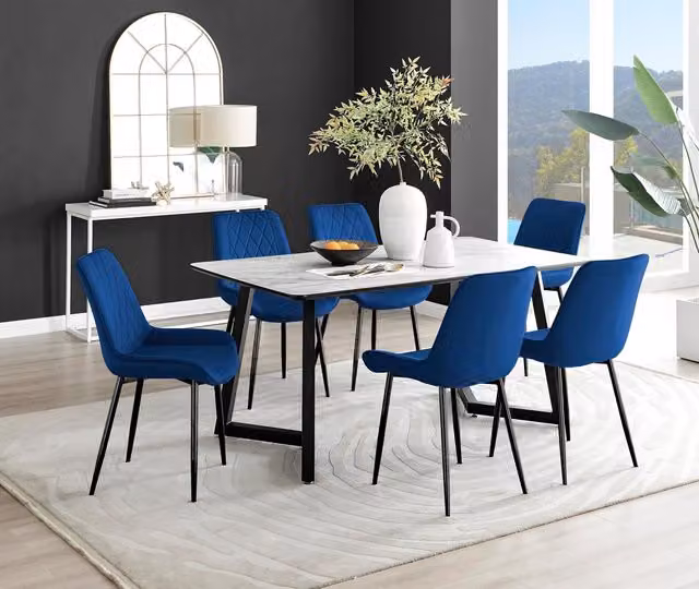 FurnitureboxUK Carson White Marble Effect Dining Table and 6 Pesaro Navy Upholstered Chairs with Black Legs