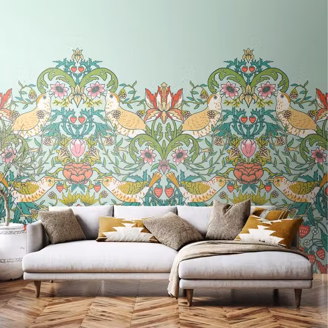 Origin Murals Birds, Fruit and Foliage Art Nouveau Wall Mural in Green and Multicolour