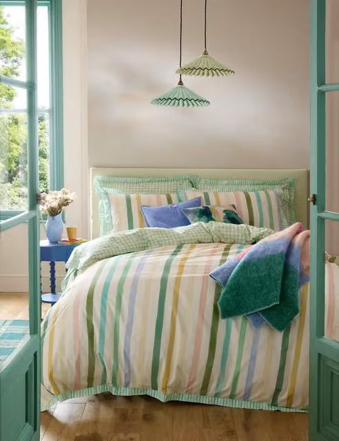 Bluebellgray Reversible Multicolour Sunday Stripe Cotton Percale Bedding Set, W: 140 cm, L: 200 cm