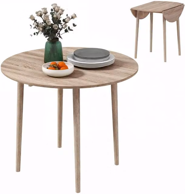 VOGREX Round Drop Leaf Foldable Dining Table with Natural Pine Wood Legs in Beige, H 89.0 x W 73.5 cm