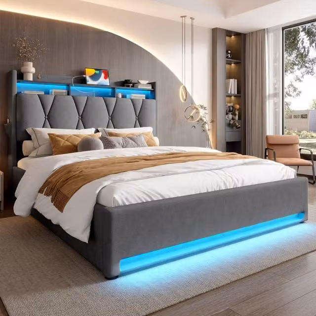 Matteo Grey Velvet King Bed Frame with LED Lights, USB Charging Port and Hydraulic Storage W/D/H: 180 x 200 cm