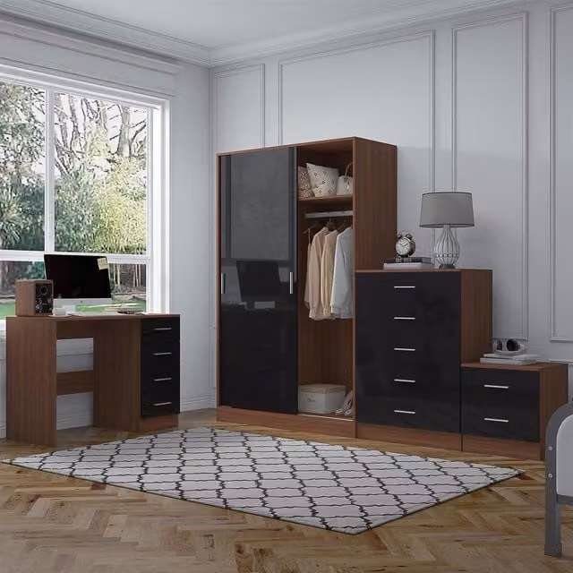 REFLECT Bedroom Furniture Bundle in Black Gloss and Matt Walnut, including Sliding Wardrobe, Tall Chest, Bedside Table and Desk