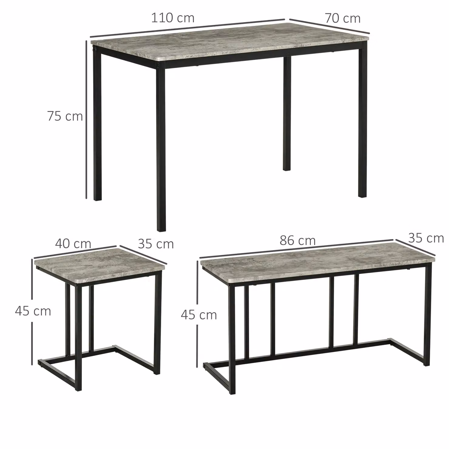 HOMCOM Modern Dining Table and Chairs Set with Bench for 4 People, Grey and Black Rectangular Kitchen Table Set with Metal and MDF Construction – 3