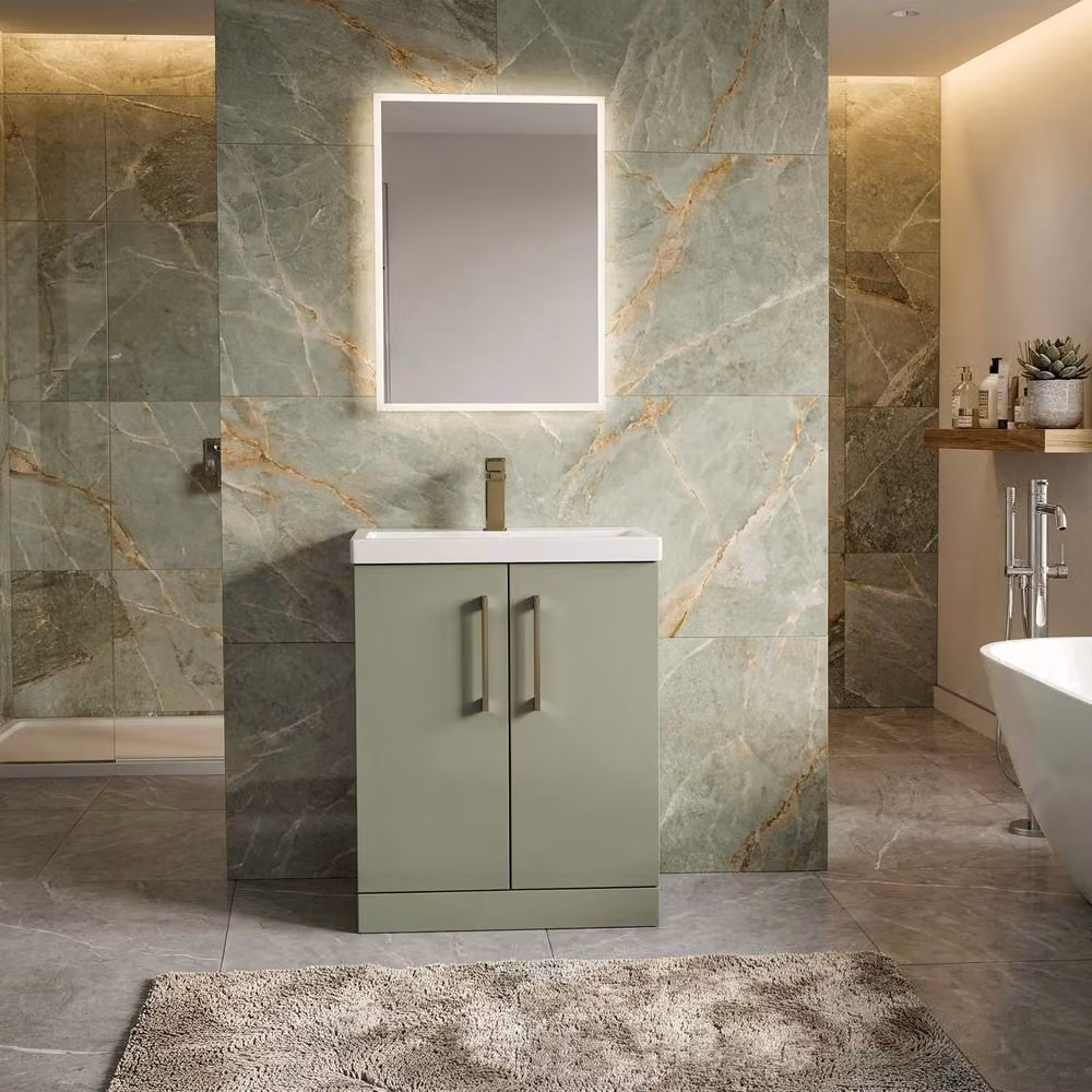 Balterley Contemporary Freestanding 2-Door Bathroom Vanity Basin in Matt Green with Integrated LED Lighting – 2