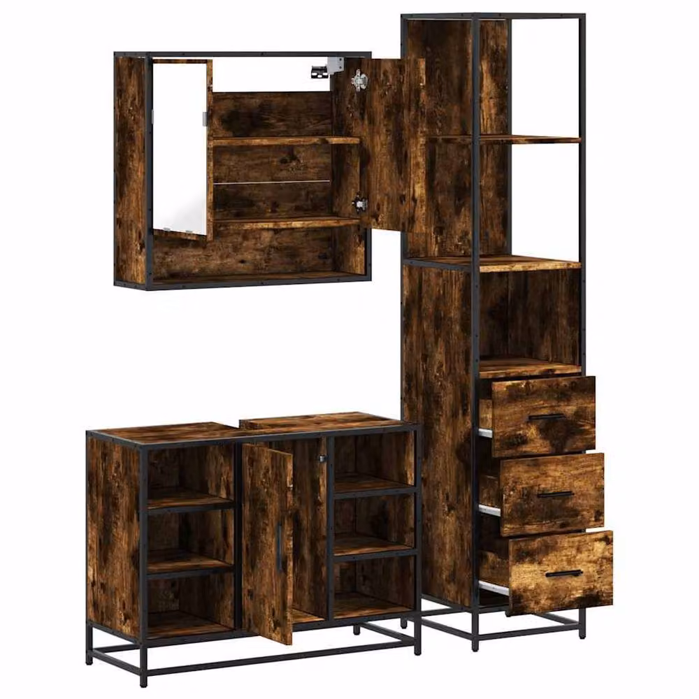 Berkfield Home 3-Piece Industrial Bathroom Furniture Set in Smoked Oak Brown, including Mirror Cabinet, Vanity Unit and Tall Cabinet – 4