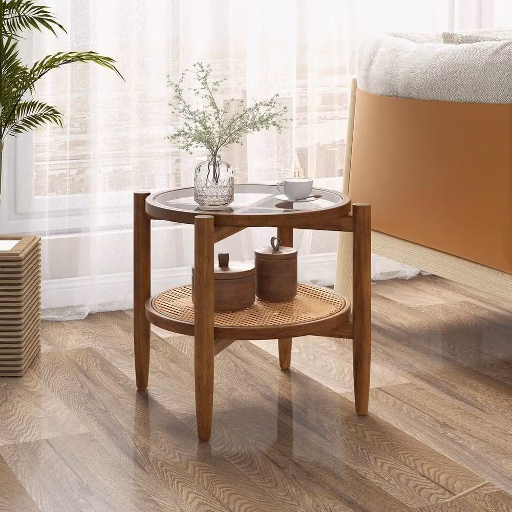 Kelvenix Mid-Century Round 2-Tier Side Table in Brown Acacia Wood and Glass, W/D/H: 46 x 46 x 46 cm – 3