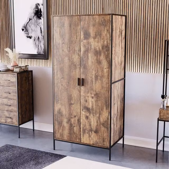 Vida Designs Brooklyn Industrial 2 Door Wardrobe in Mixed Black, Brown and Grey