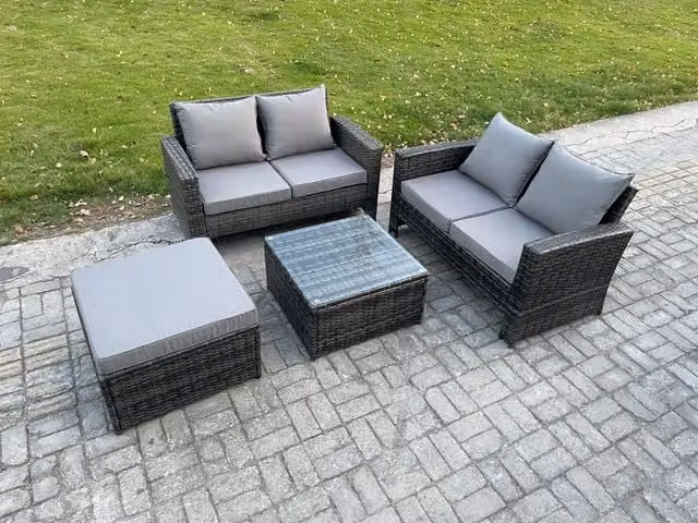 Fimous 4 Piece Grey Rattan Garden Furniture Set with 2 Double Seater Sofas, Coffee Table and Ottoman