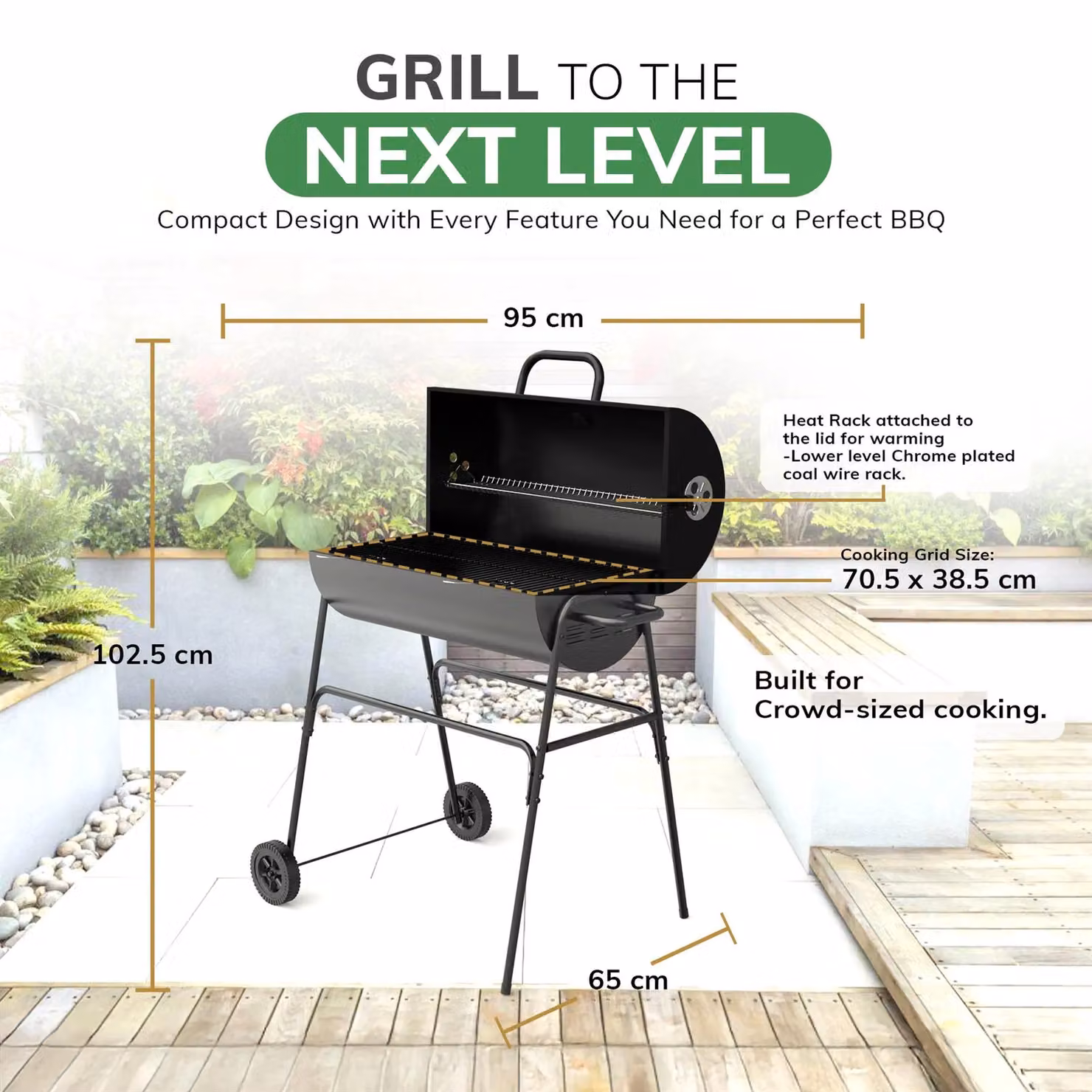 House of Home Black Enamelled Steel Barrel Charcoal BBQ Grill with Offset Smoker, Thermometer and Wheels, W/D/H: 102.5 x 70.5 x 65 cm – 2