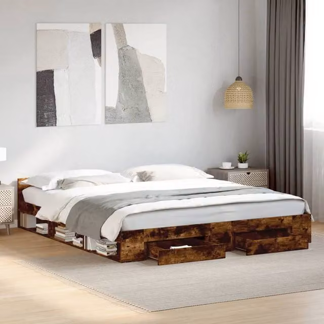 Berkfield Home Modern Bed Frame with Drawers in Smoked Oak Brown, W/D/H: 200 x 200 cm – 1