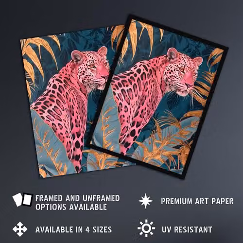 Artery8 Elegant Pink Leopard Tropical Jungle Wall Art Poster Print in Blue and Gold, 18 x 24 Inch – 2