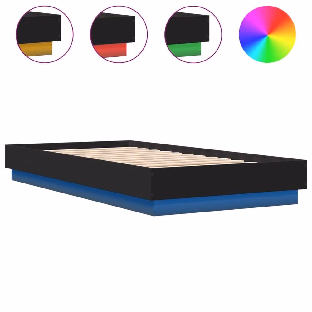 Berkfield Home Durable Small Single Bed Frame with LED Under-Bed Lighting, Black, W: 78 cm, D: 190 cm, H: 23 cm – 1