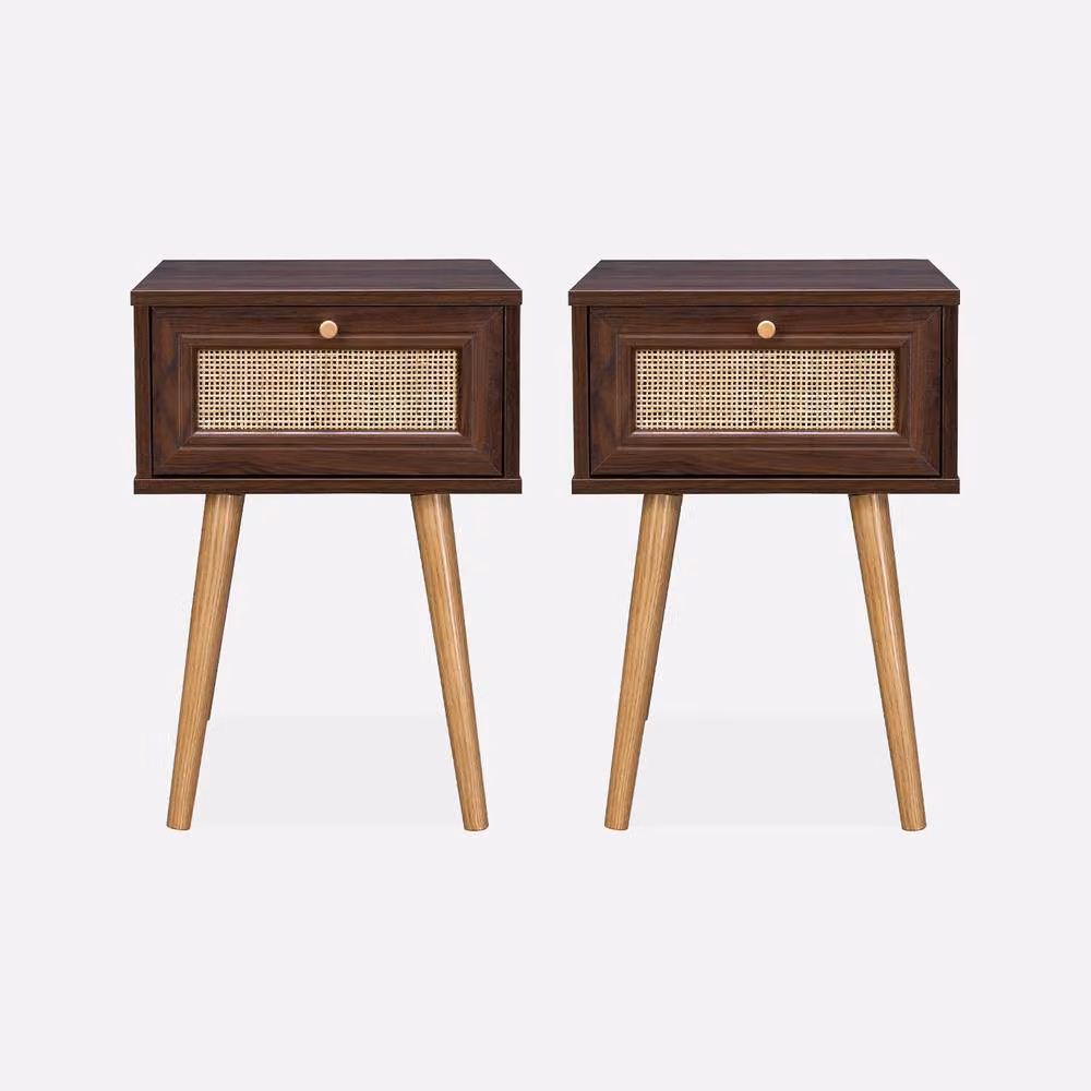 Sweekeek Pair of Woven Rattan Bedside Tables with Drawer in Dark Brown – 2
