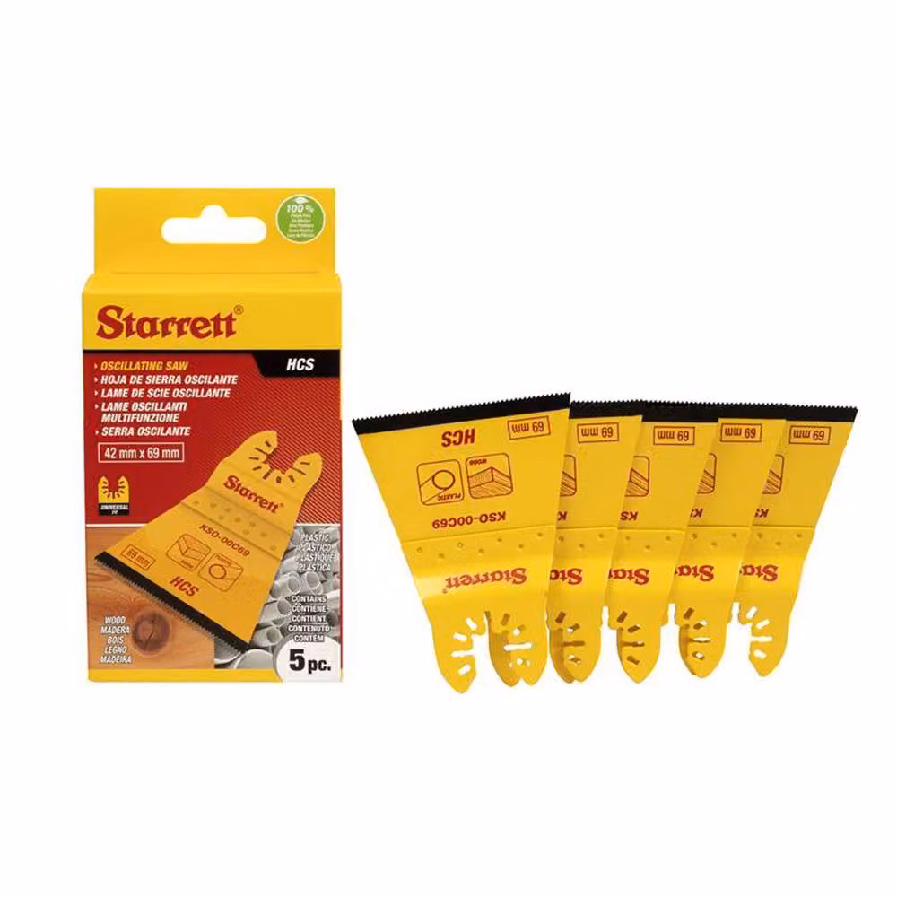 Starrett KSO-00C69-5 Flat-Sided HCS Oscillating Blade for Wood, 18 TPI, Yellow, W: 69 mm, D: 42 mm – 2