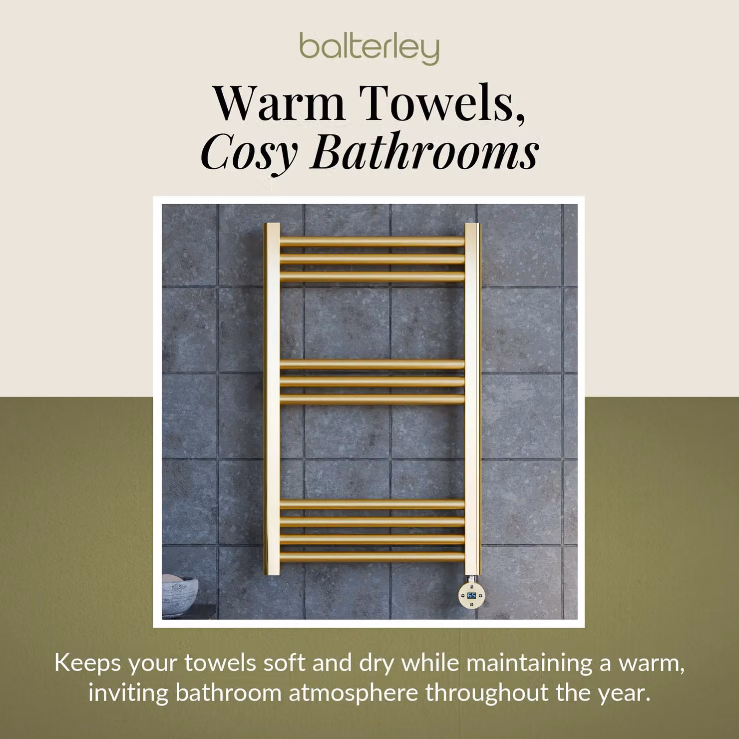 Balterley Round Tube 10 Bar Wall Mounted Towel Rail, Gold/Brass, W: 80 cm, D: 50 cm, H: 50 cm – 5