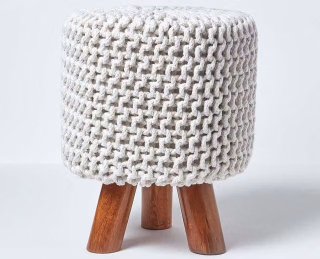 Homescapes Tall Cotton Knitted Footstool with Wood Frame in Beige/Sand