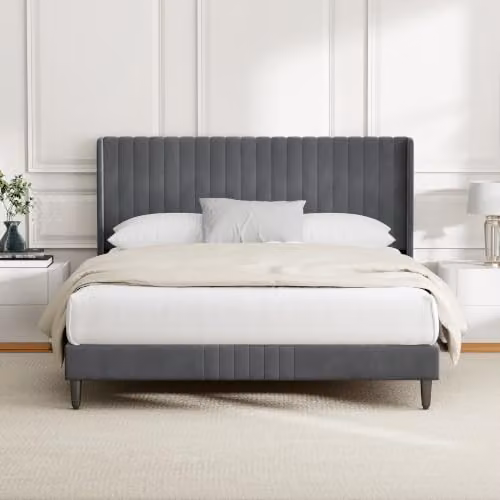 MCC Direct Charlie Velvet Upholstered King Size Bed Frame in Grey, W/D/H: 180 x 200 x 105 cm – 1