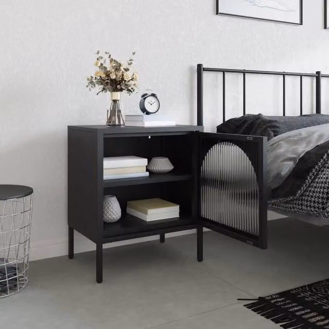 Berkfield Home Modern Black Nightstand in Glass and Steel, W/D/H: 50 x 35 x 60 cm