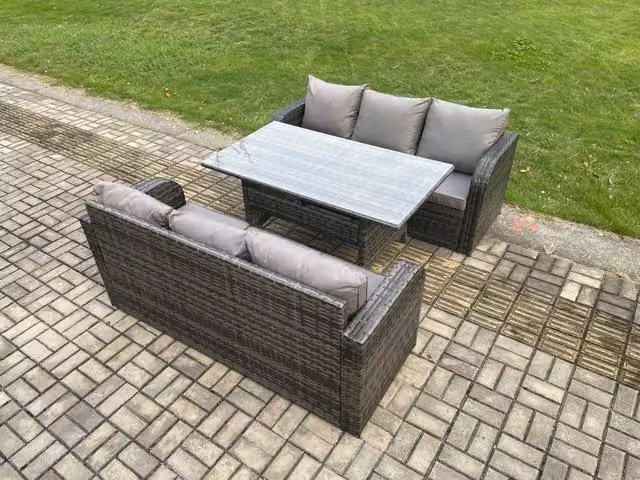 Fimous Patio Rattan Garden Furniture Set with Oblong Rectangular Dining Table, 6 Seater Outdoor Set including 3 Seater Sofa, Dark Grey Mixed