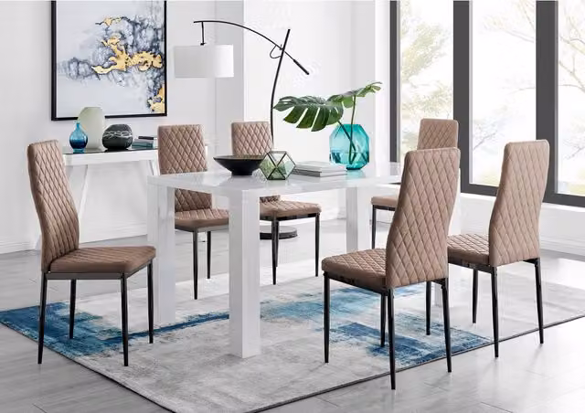 FurnitureboxUK Pivero White Dining Table with 6 Milan Black Leg Chairs in Cappuccino