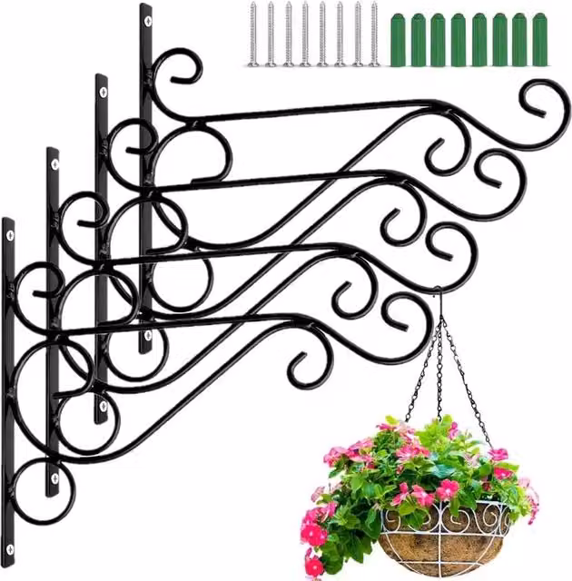 SPETLEK 4-Piece Metal Garden Hanging Basket Brackets in Black