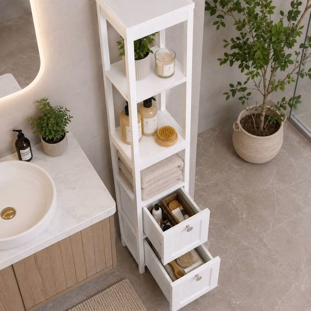 SPOT ON DEALZ White Bathroom Tallboy Storage Cabinet with 2 Hinged Doors and 3 Internal Shelves, H 160 cm x W 30 cm x D 20 cm – 2