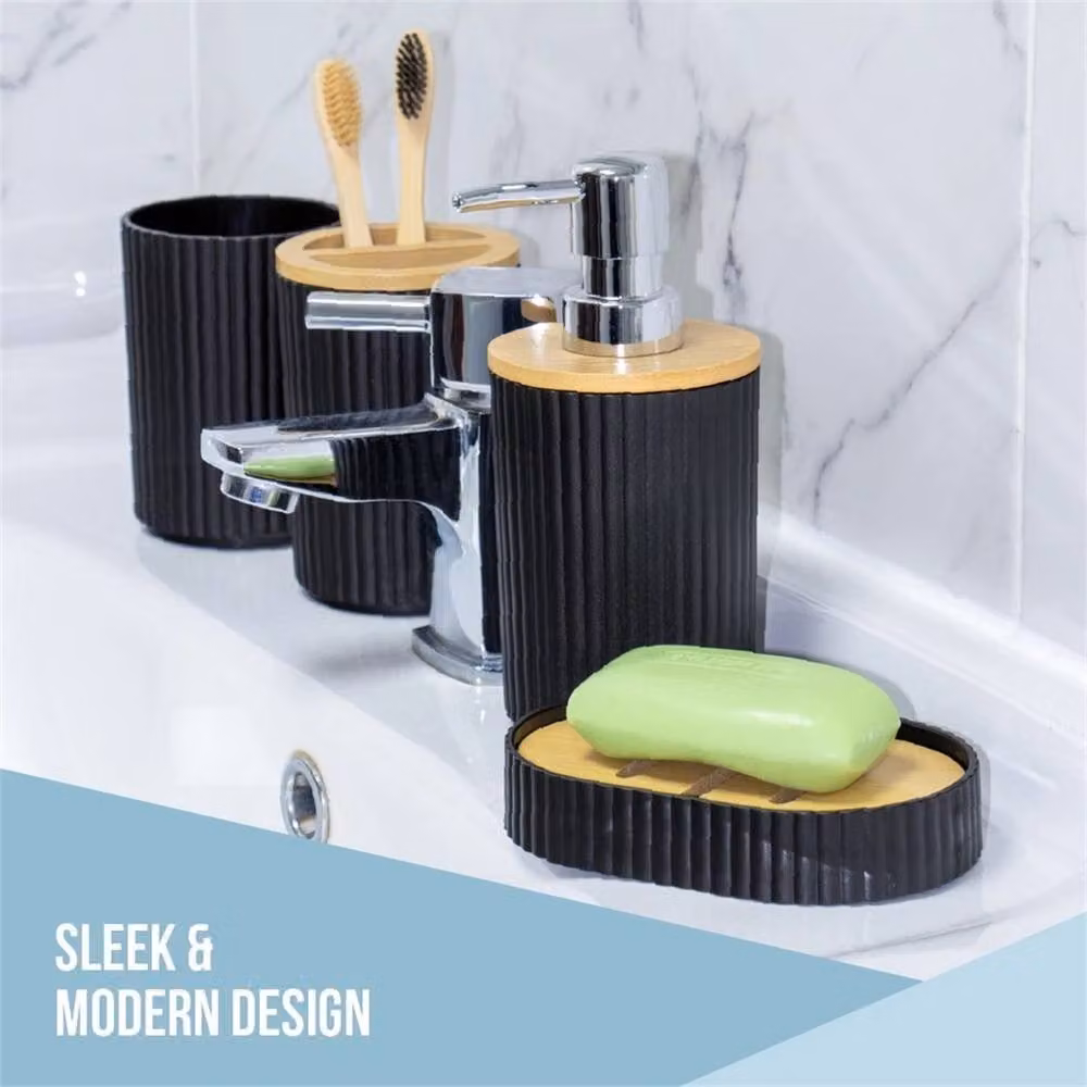 Nordara Black Modern Bathroom Essentials Set with Tumbler, Toothbrush Holder, Toilet Brush, Soap Dish and Soap Dispenser – 3
