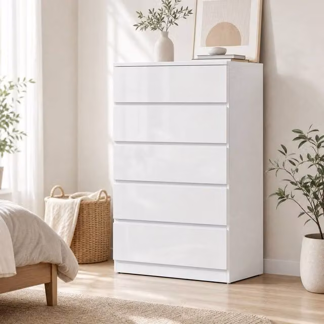 STILVORA White Glossy 5-Drawer Chest of Drawers with Soft-Close Drawers