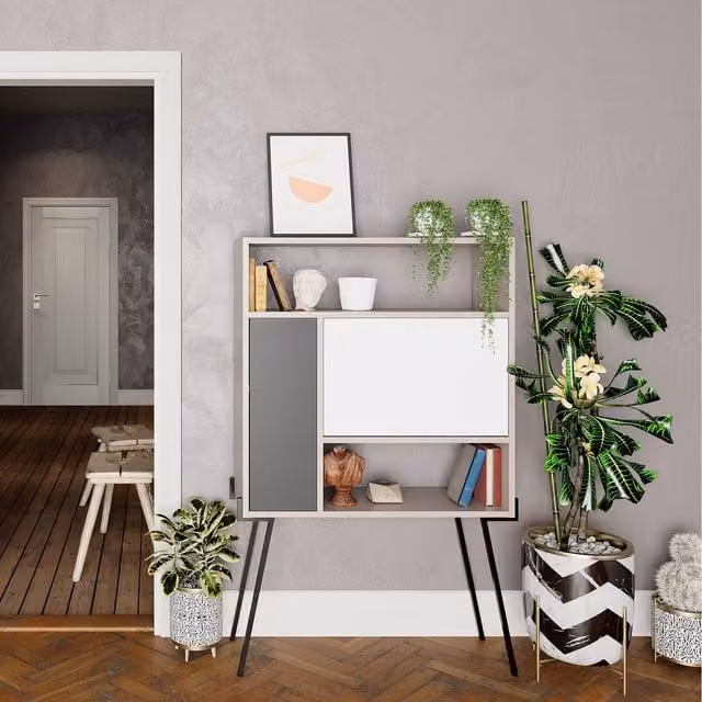Decortie Modern Computer Desk in Grey and Brown with Matt Metal Legs