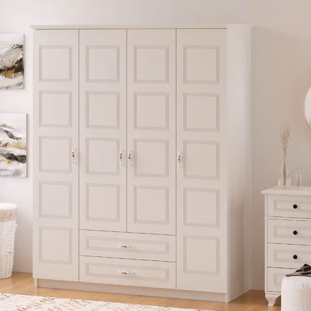 EVUHOME Classic White 4 Door 2 Drawer Wardrobe with Integrated Drawers H 184 cm x W 140 cm x D 52 cm