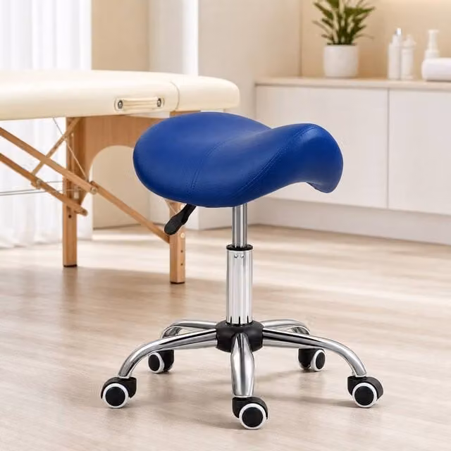 STILVORA Adjustable Blue Salon Stool with Castors and Synthetic Leather Seat