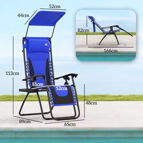 Outsunny Zero Gravity Lounger Chair with Sun Canopy and Adjustable Headrest in Blue – 3