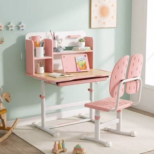STILVORA Kids Desk and Chair Set with Adjustable Tilting Tabletop and Storage in Pink – 1