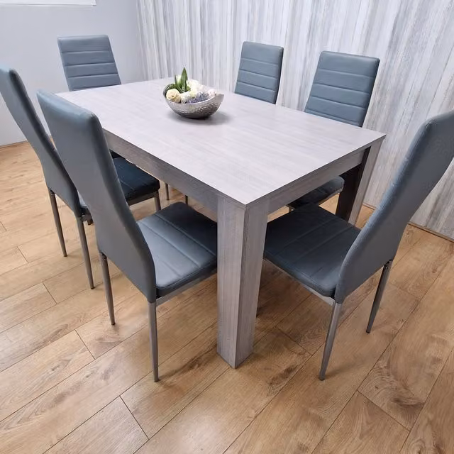 Kosy Koala Grey 6-Person Dining Set with Rectangular MDF Laminate Table and 6 Grey Leather Stitched Chairs