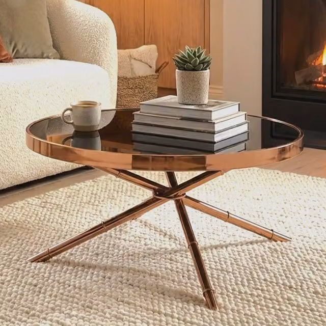 Orsina Round Black Glass Coffee Table with Gold Metal Legs – 2