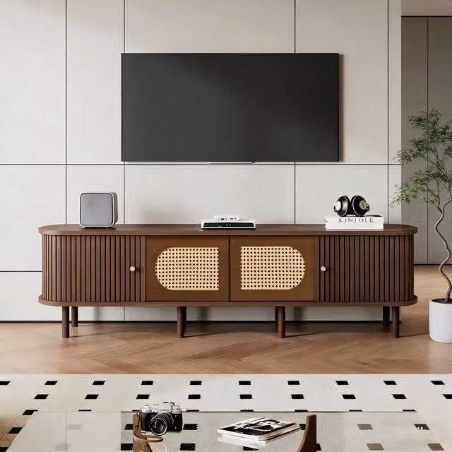Aosom UK Stylish Oval TV Cabinet with Rattan-Style Fronts in Walnut, W: 180 cm, D: 40 cm, H: 40 cm